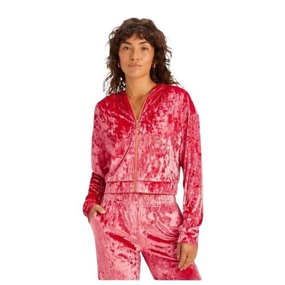 Fabletics Strawberry Crushed Velvet Zip-Up Hoodie Sweatshirt - 3X - Picture 1 of 10